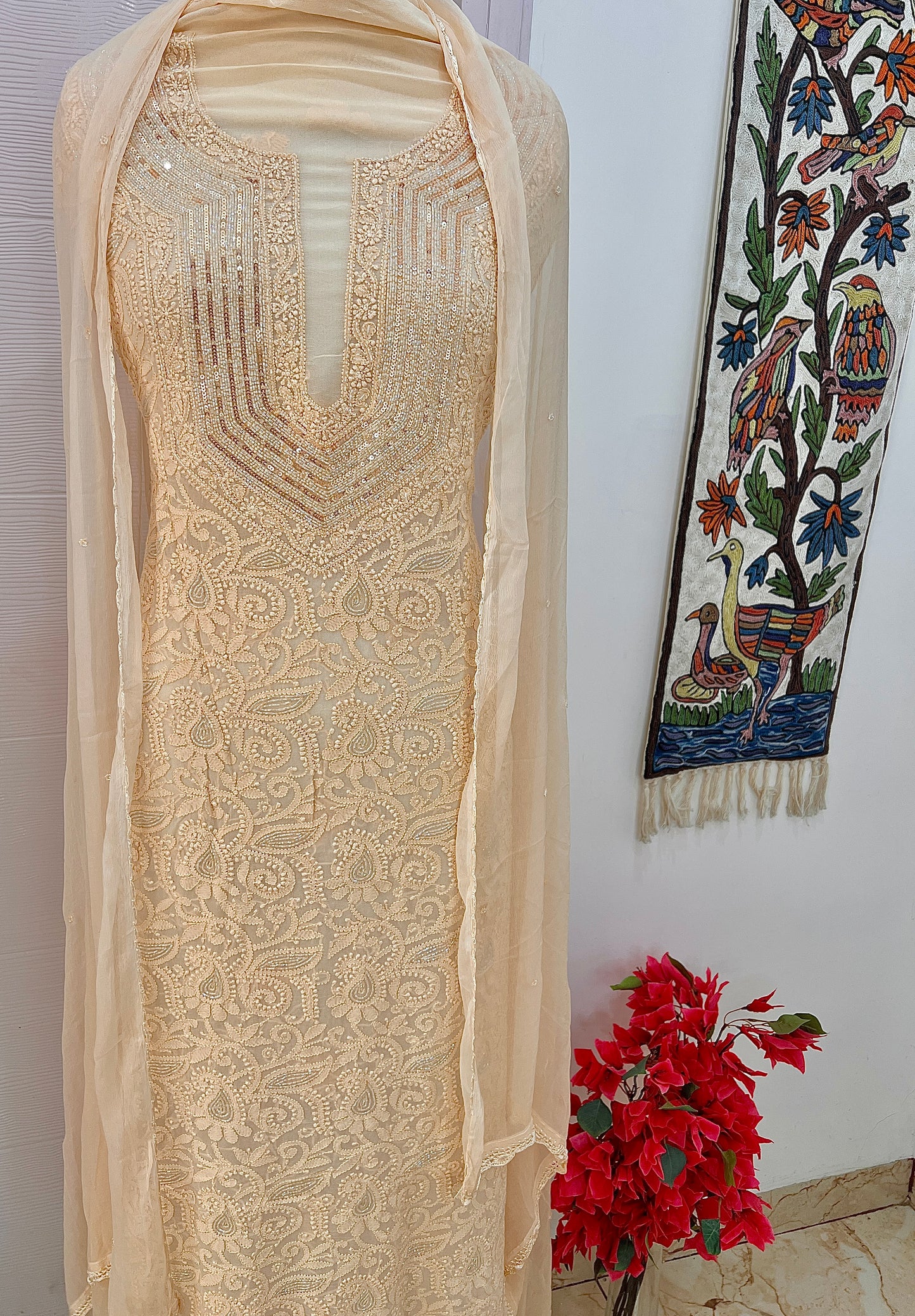 Golden Beige Chikankari Sequins and Cut Dana Kurta and Dupatta