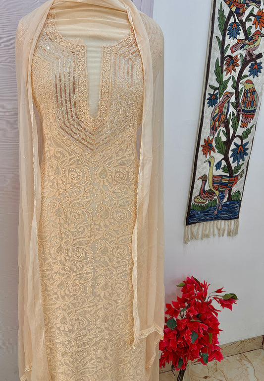 Golden Beige Chikankari Sequins and Cut Dana Kurta and Dupatta