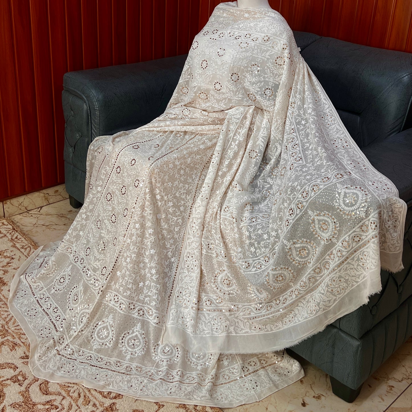 Ruhani fine Chikankari and intricate Mukaish Lehenga Set