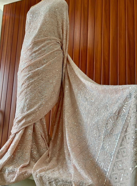 Ruhani Soft Peach Masterpiece Chikankari Cut Dana and Heavy Sequins Saree