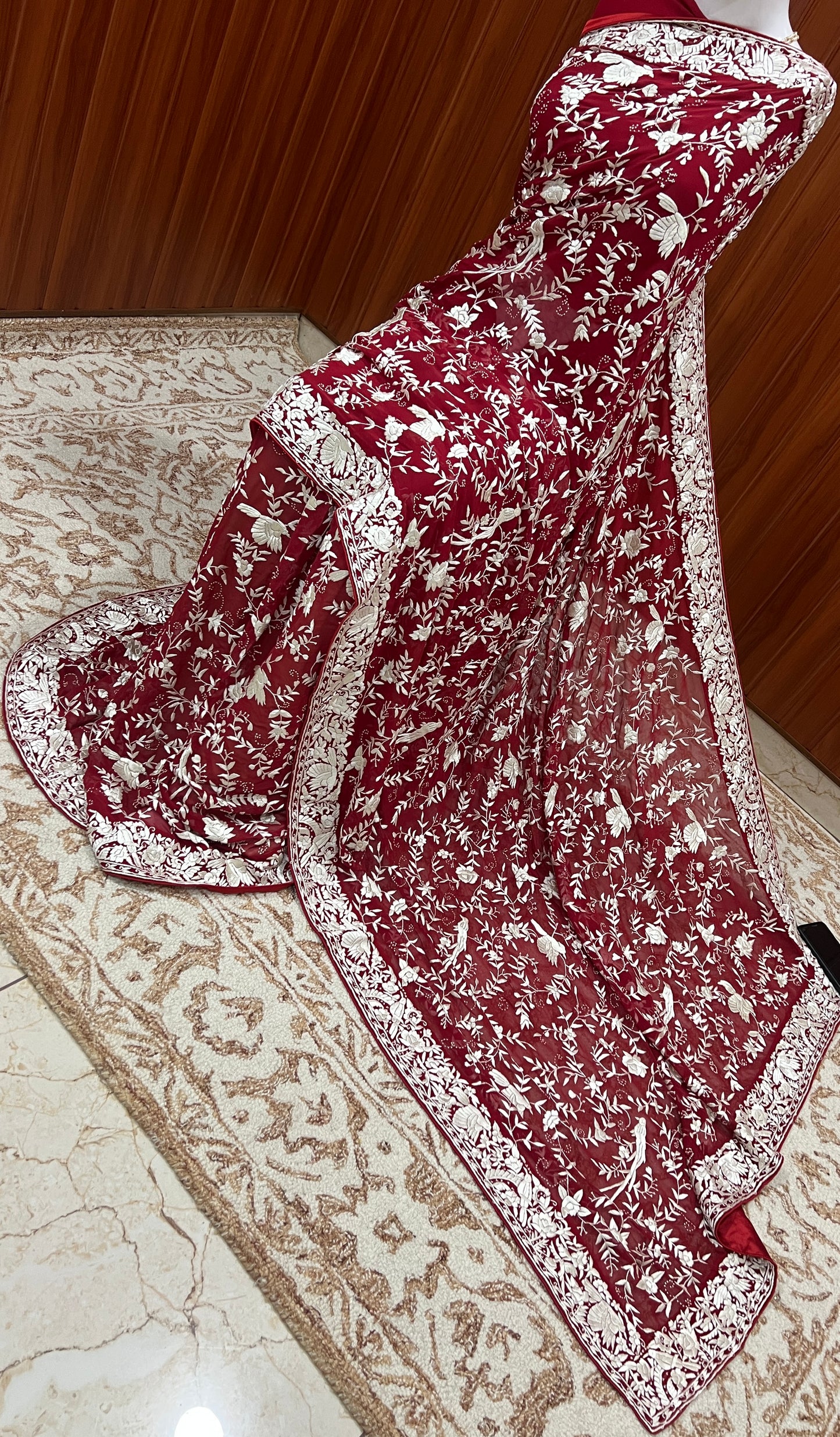 Deep Red Masterpiece Parsi Gara Hand Embroidered Saree