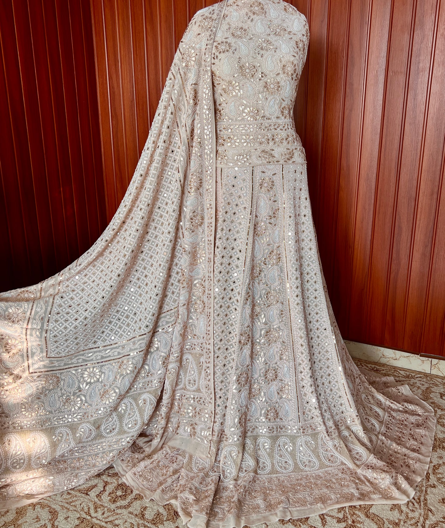 Nude Ruhani chikankari mirror pearl and sequins wedding lehenga