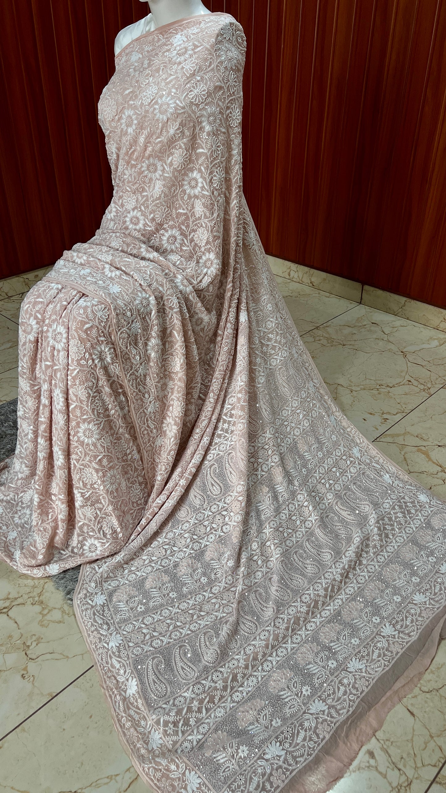 Ruhani Old Rose Pink 2 and 3 taar Chikankari Masterpiece Saree