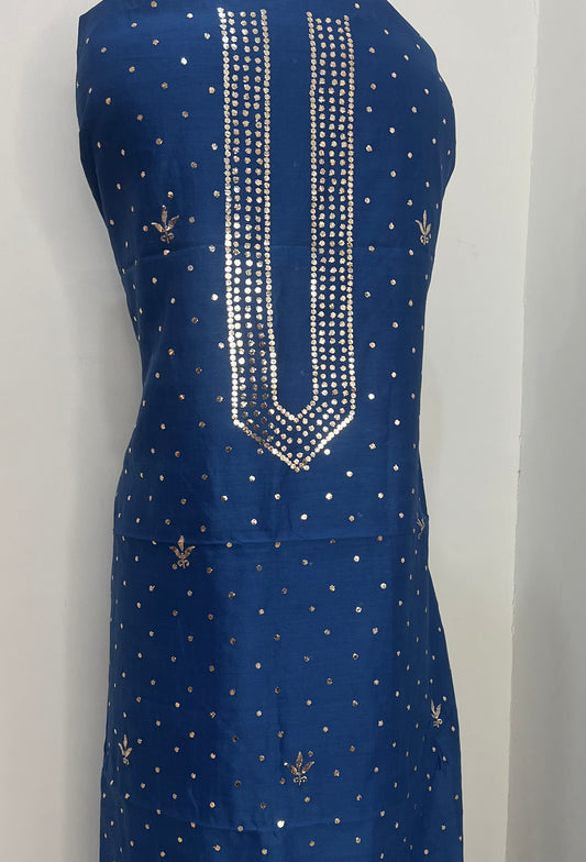 Royal Blue Chanderi Silk Kurta Fabric with Allover Mukaish work