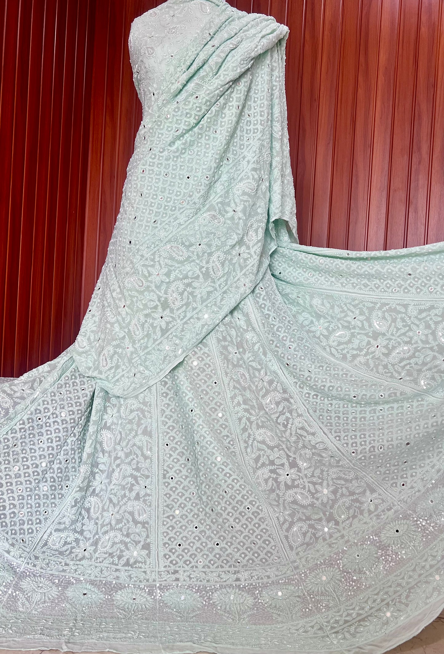 Mint Green Chikankari Pearl  and Sequins Wedding Lehenga
