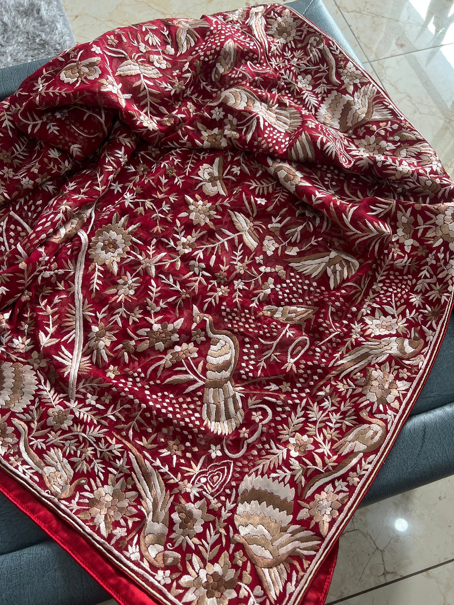 Deep Red Heritage Parsi Gara Dupatta Hand Embroidered