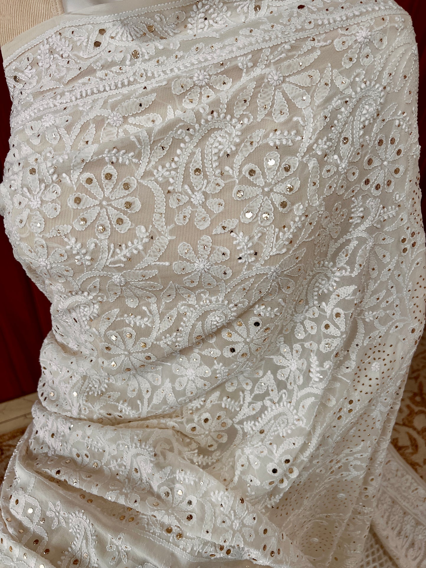 Ivory Ruhani Allover Chikankari and Mukaish Saree