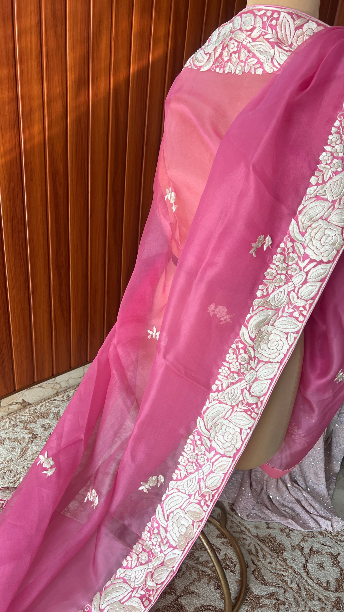 Rose Pink Organza Dupatta with Parsi Gara Hand Embroidery