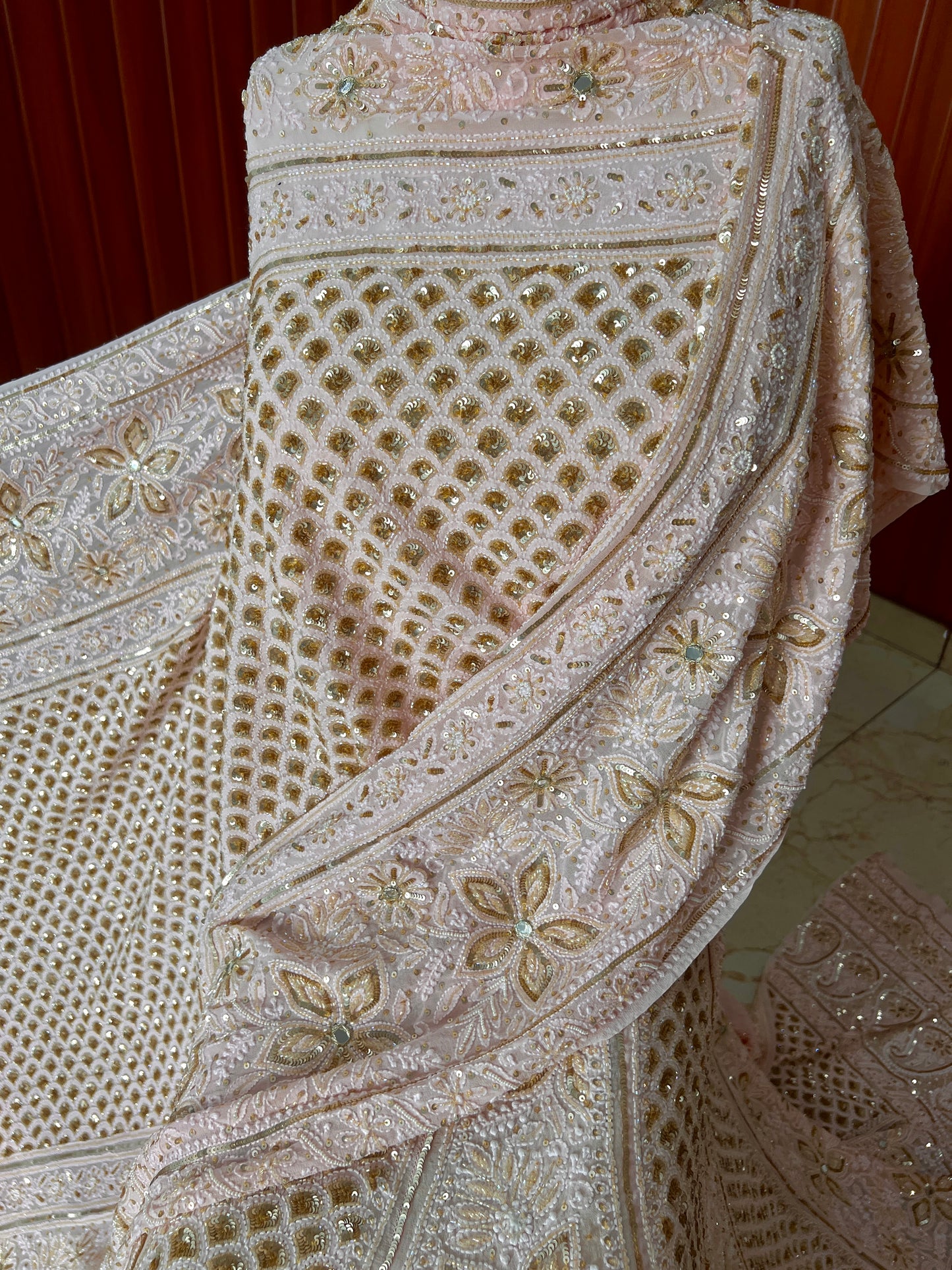 Masterpiece Ruhani Peachish Pink Chikankari Sequins Wedding Lehenga