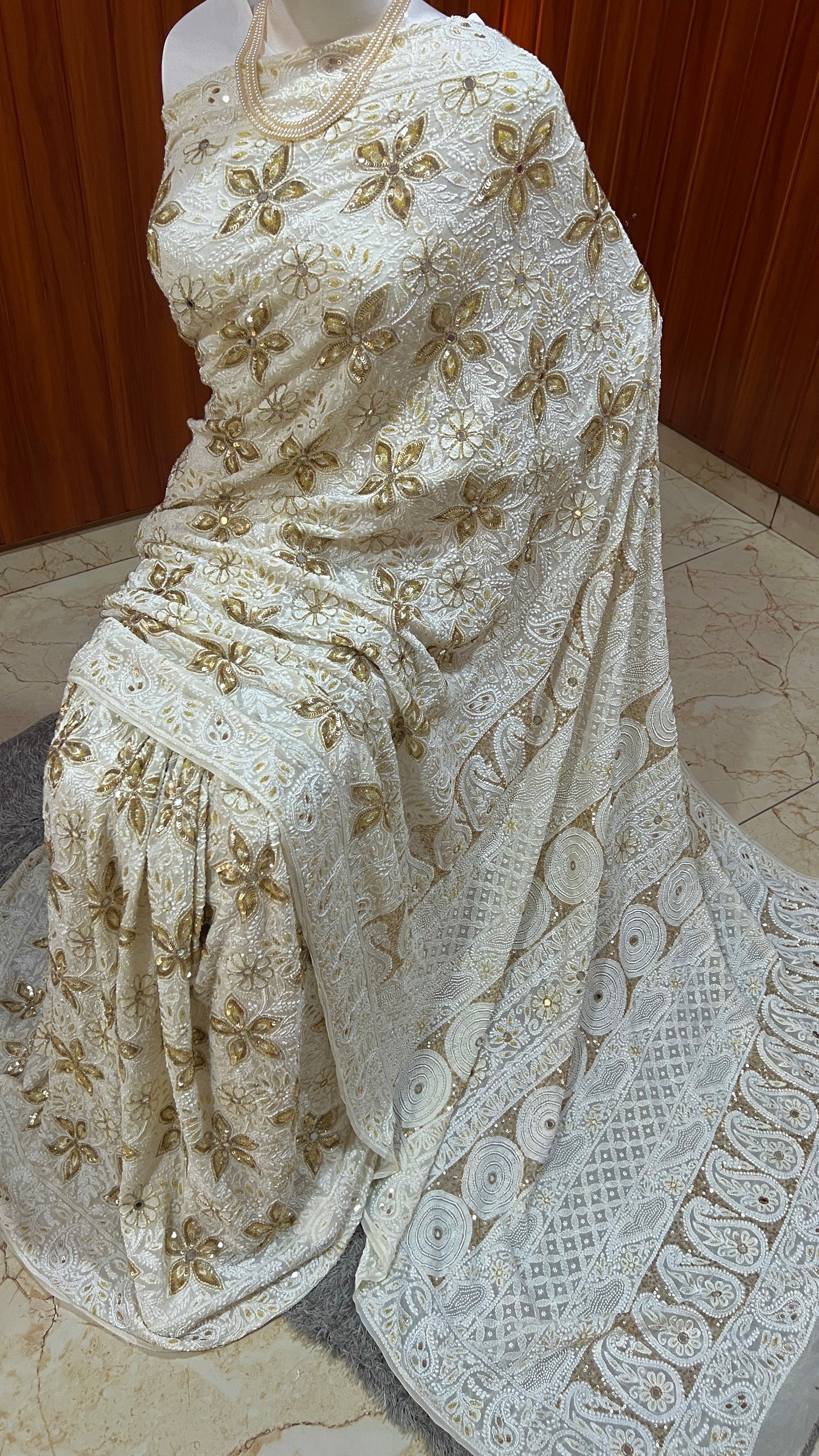 Ruhani Off White Chikankari Sequins Cut Dana and Pearl Embroidered Masterpiece Saree