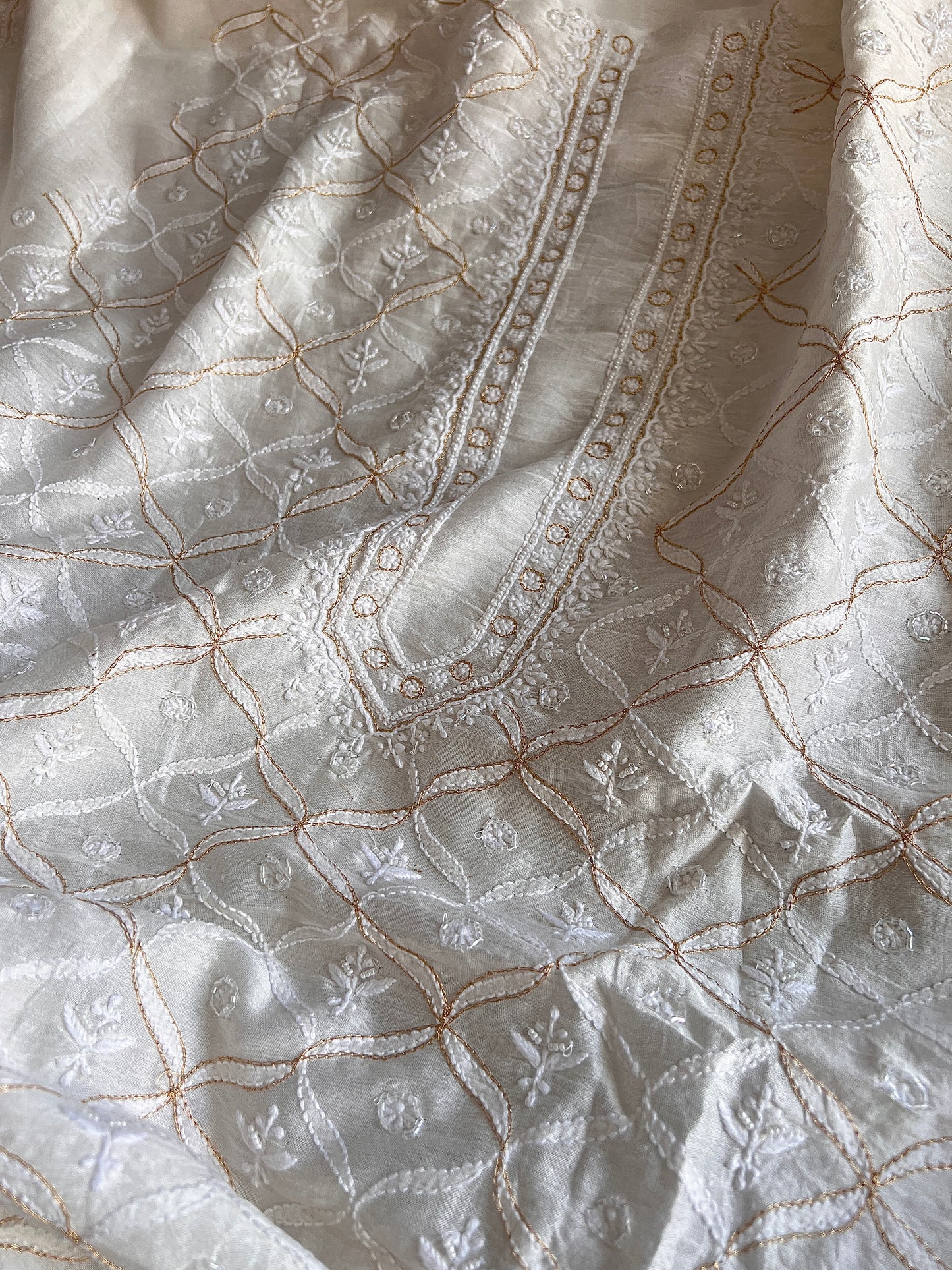 Ivory Chanderi Silk Chikankari Kurta Fabric