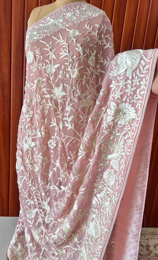 Pretty Pink Hand embroidered Parsi Gara Dupatta