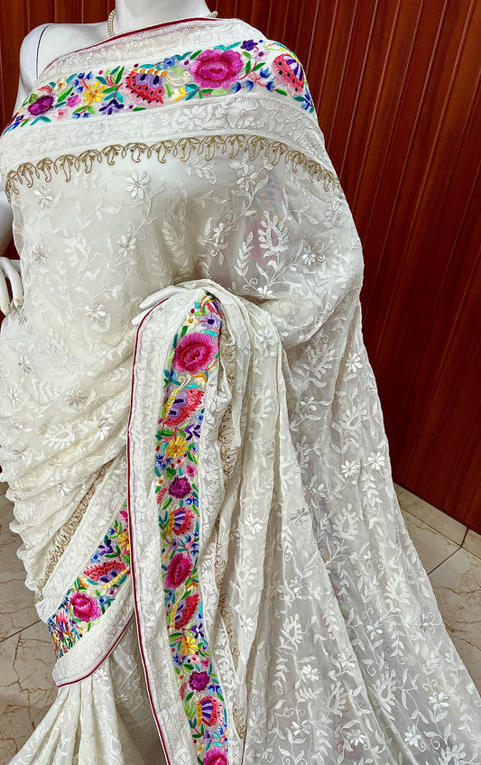 Ivory Pure Georgette saree with allover shadow work and masterpiece parsi gara border