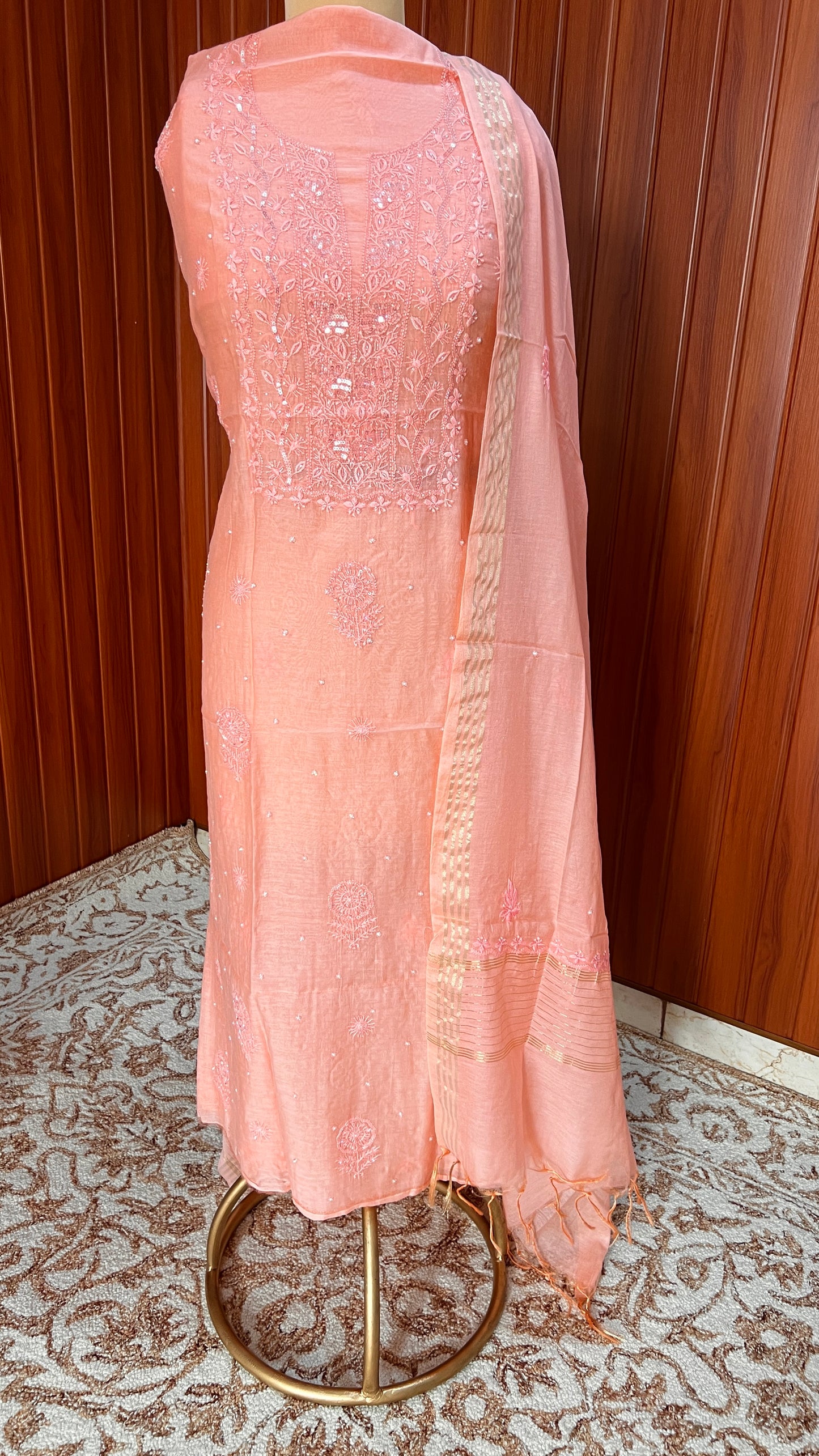 Coral Peach Mul chanderi Chikankari embroidered kurta and dupatta