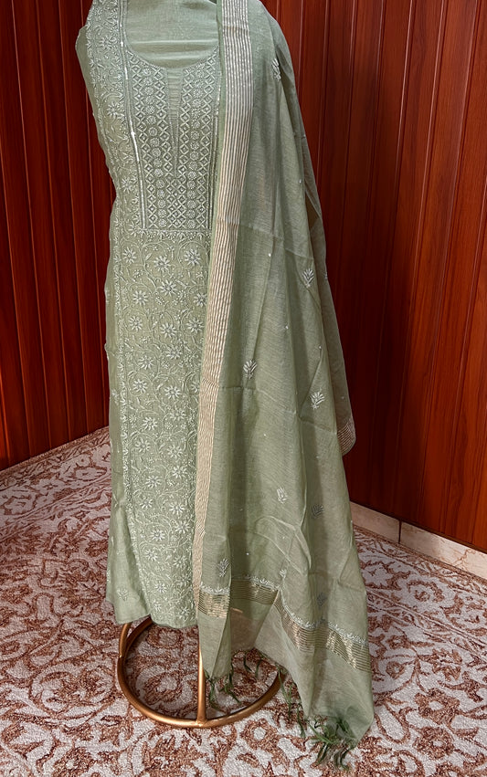 Green Mul chanderi Chikankari embroidered kurta and dupatta