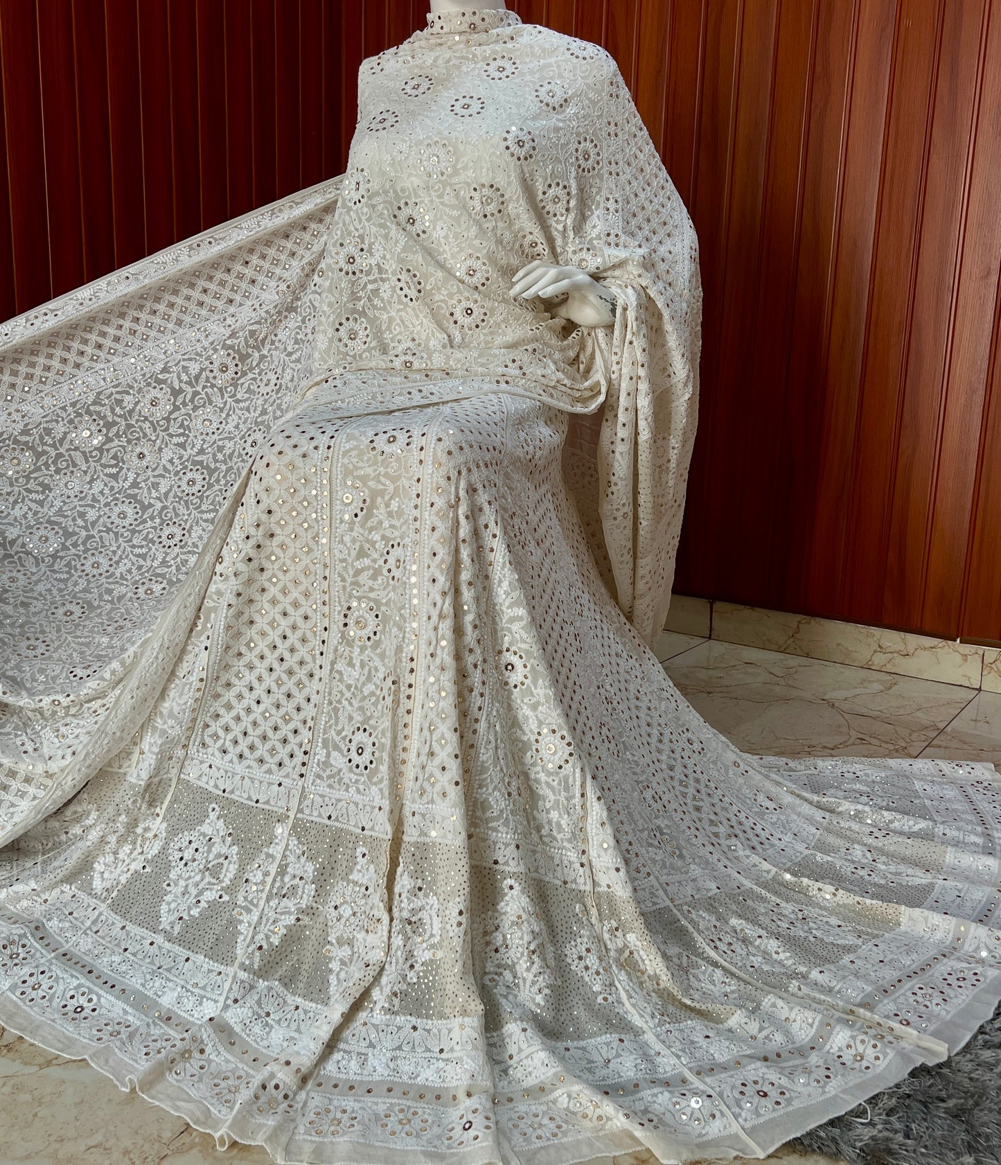 Off white Ruhani Chikankari and Mukaish Lehenga