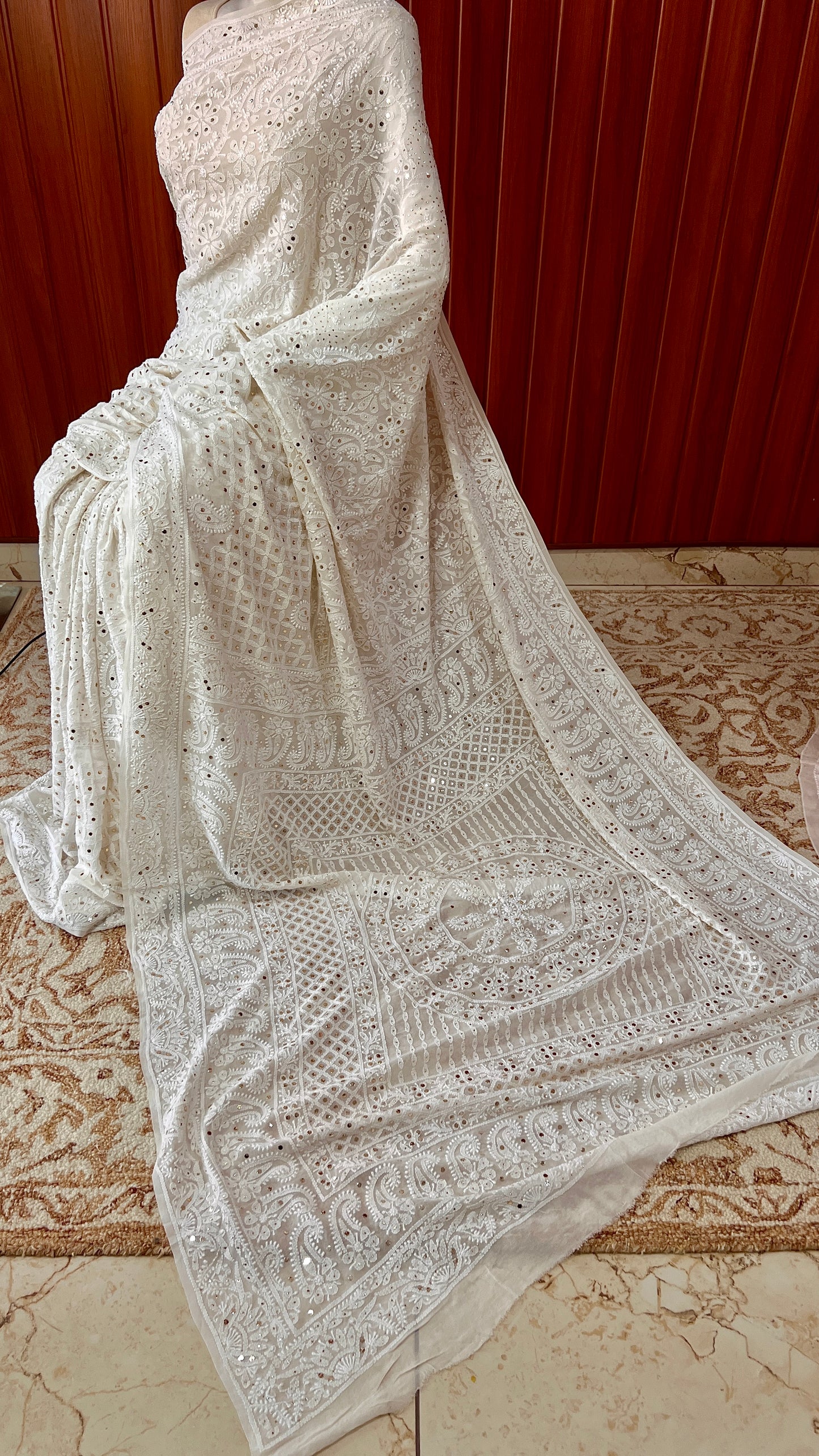 Ivory Ruhani Allover Chikankari and Mukaish Saree