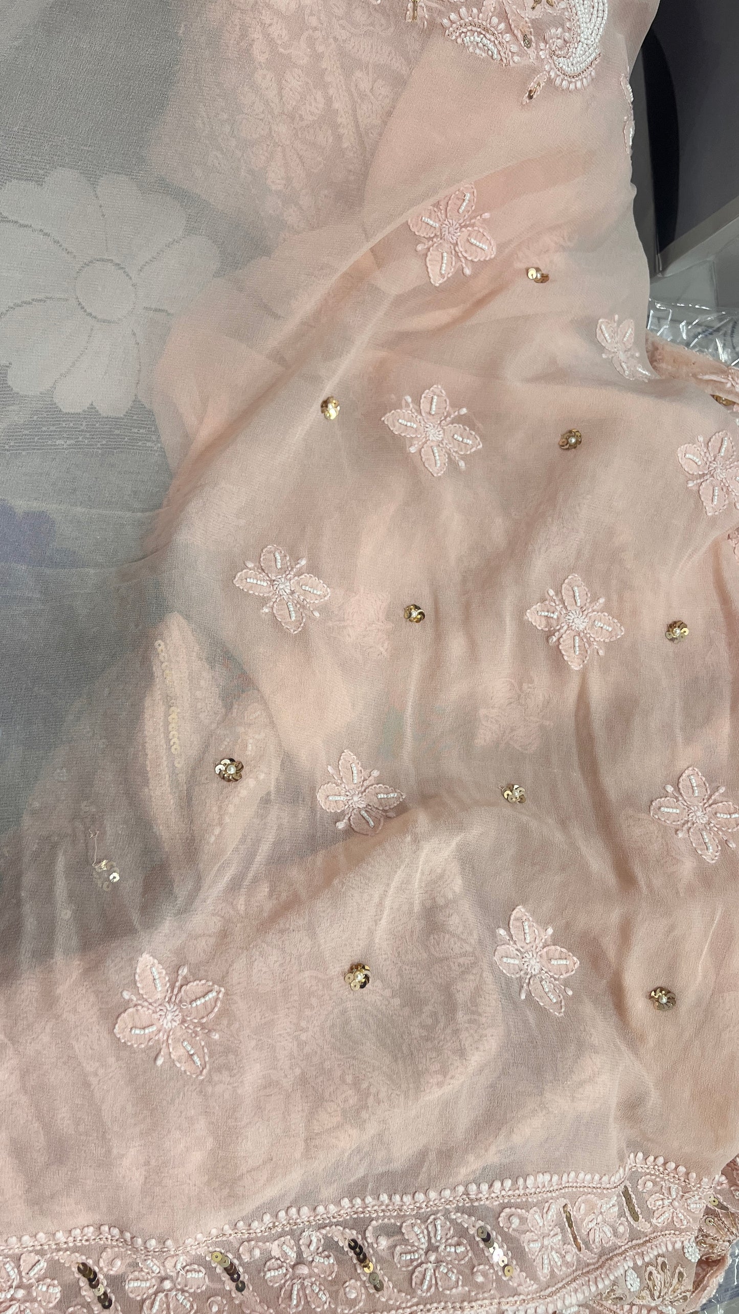 Ruhani Rose Gold Champagne Chikankari pearl and sequins wedding lehenga