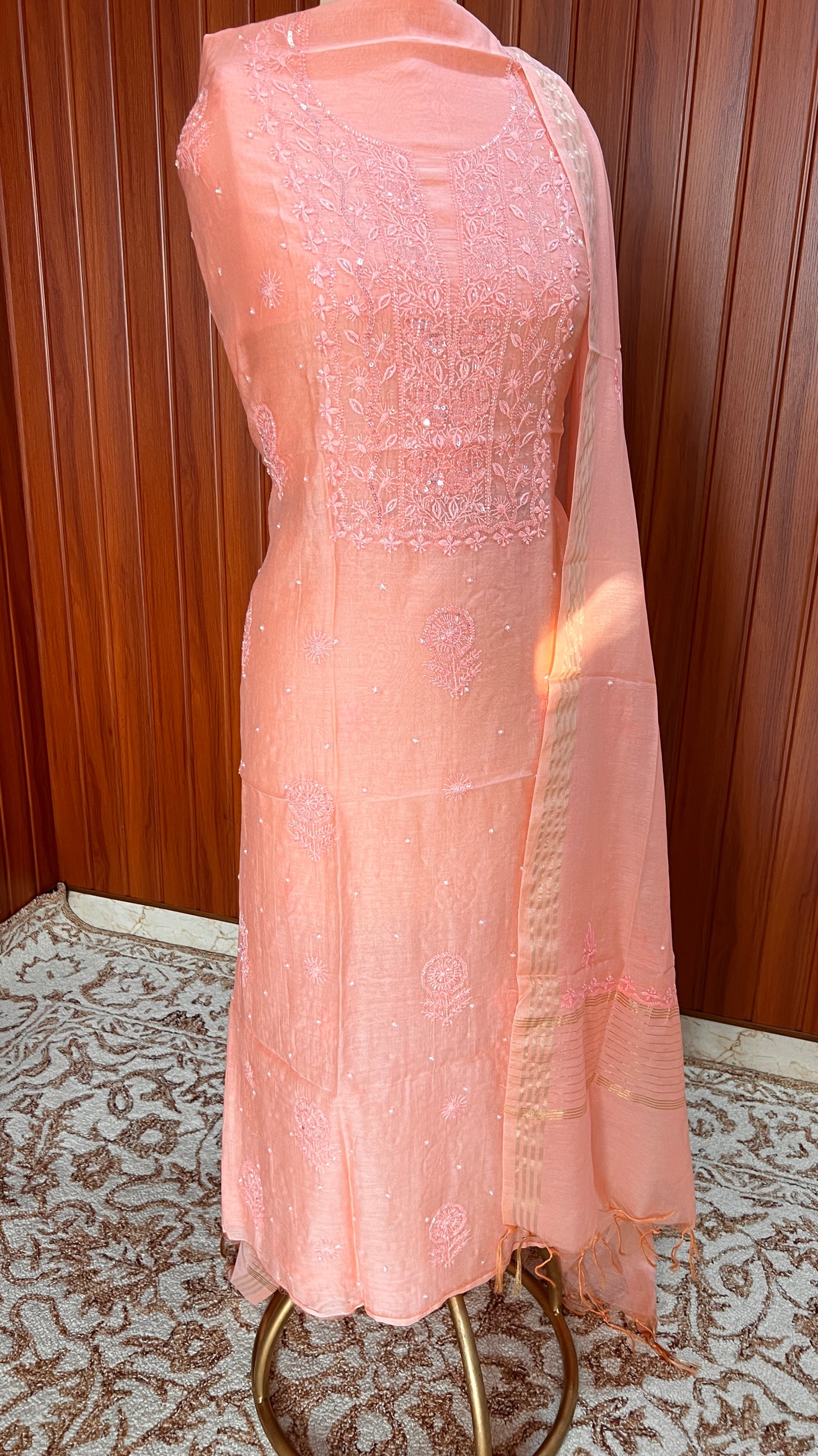 Coral Peach Mul chanderi Chikankari embroidered kurta and dupatta