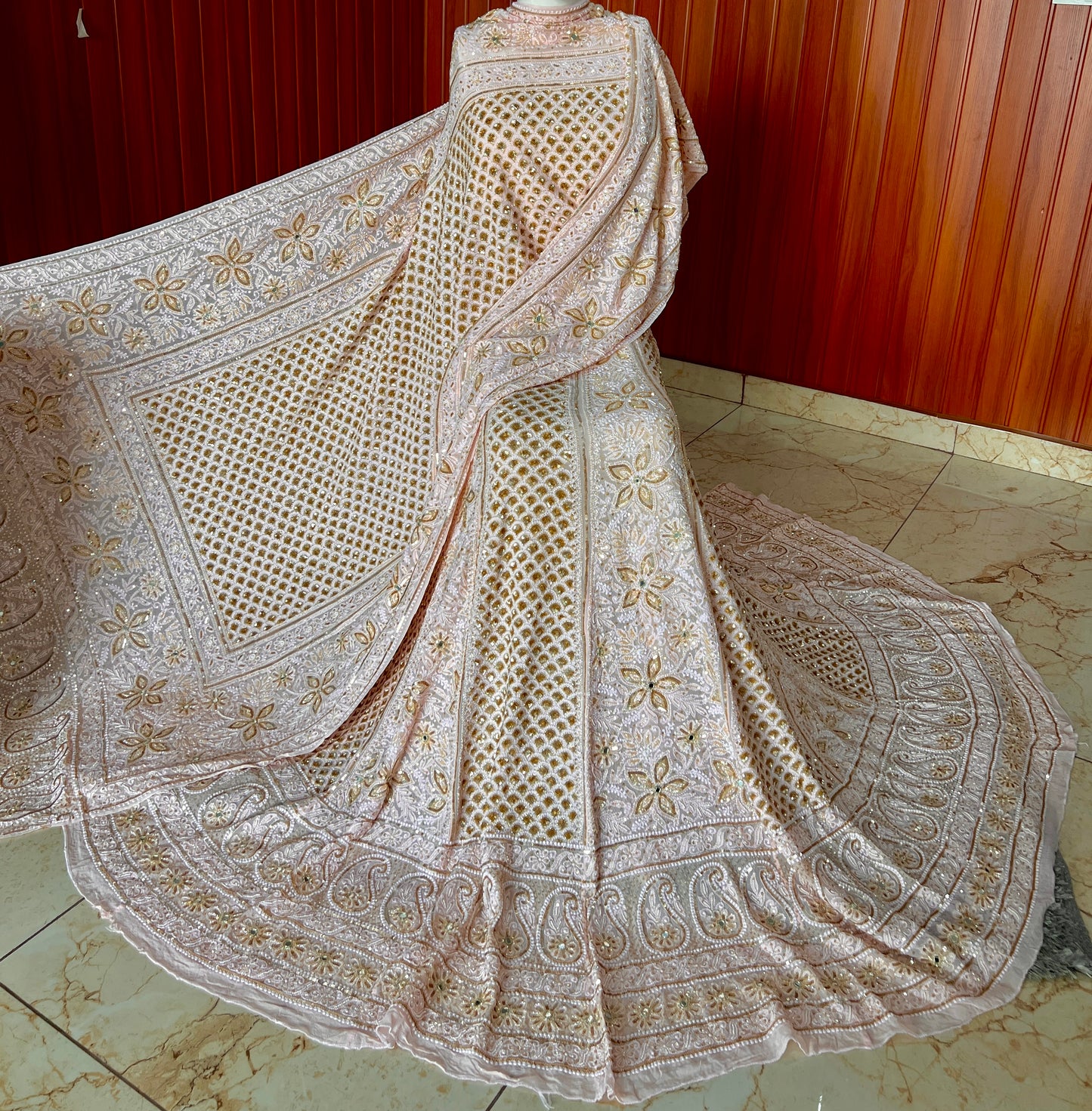 Masterpiece Ruhani Peachish Pink Chikankari Sequins Wedding Lehenga