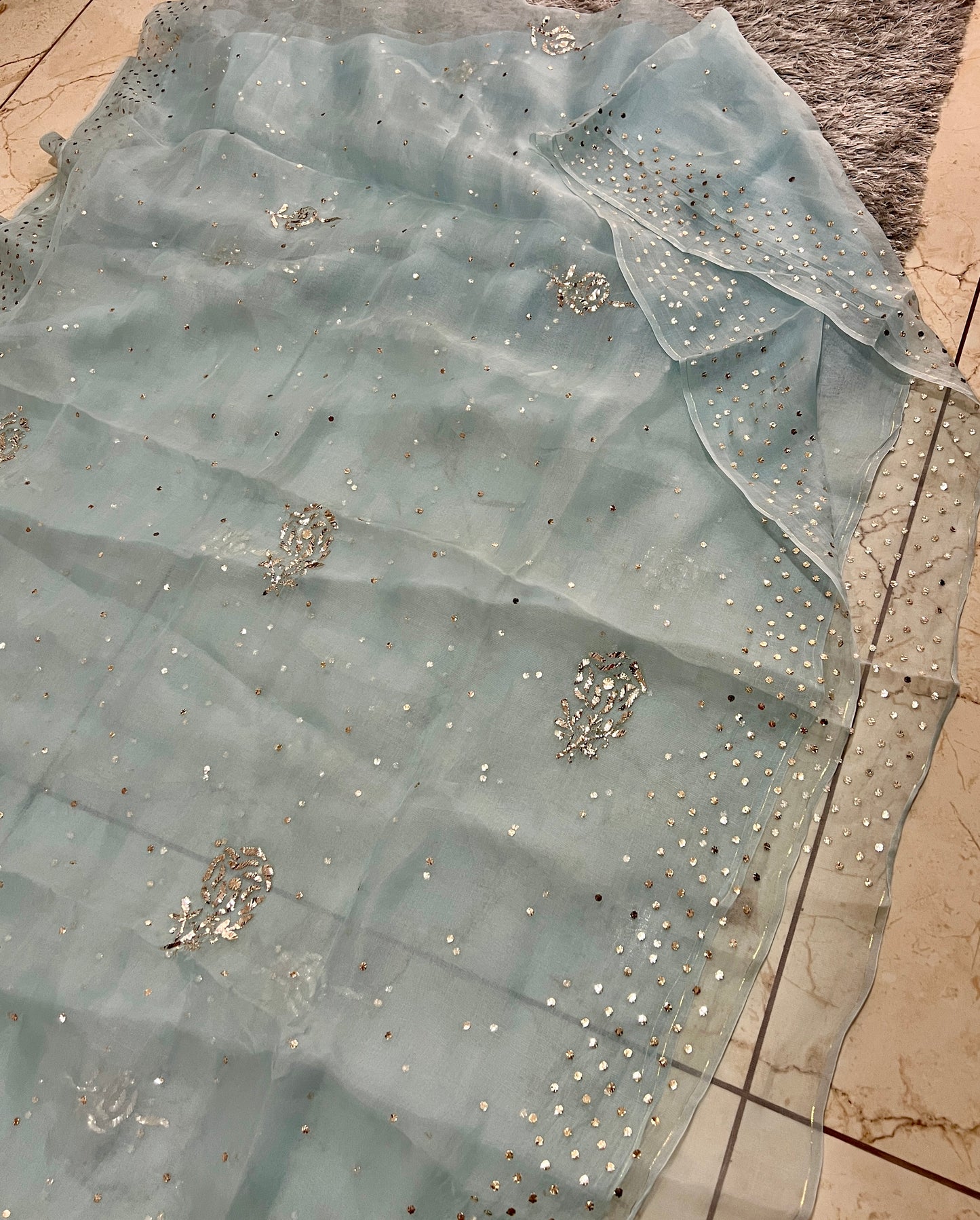 Breezy Blue Pure Organza Saree with Badla and Mukaish Work