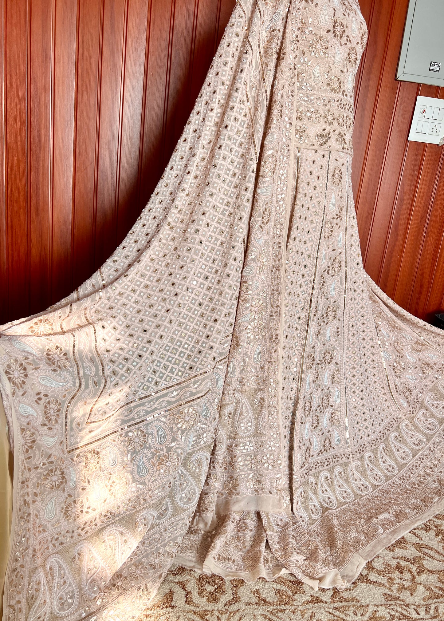 Nude Beige Ruhani chikankari mirror pearl and sequins wedding lehenga