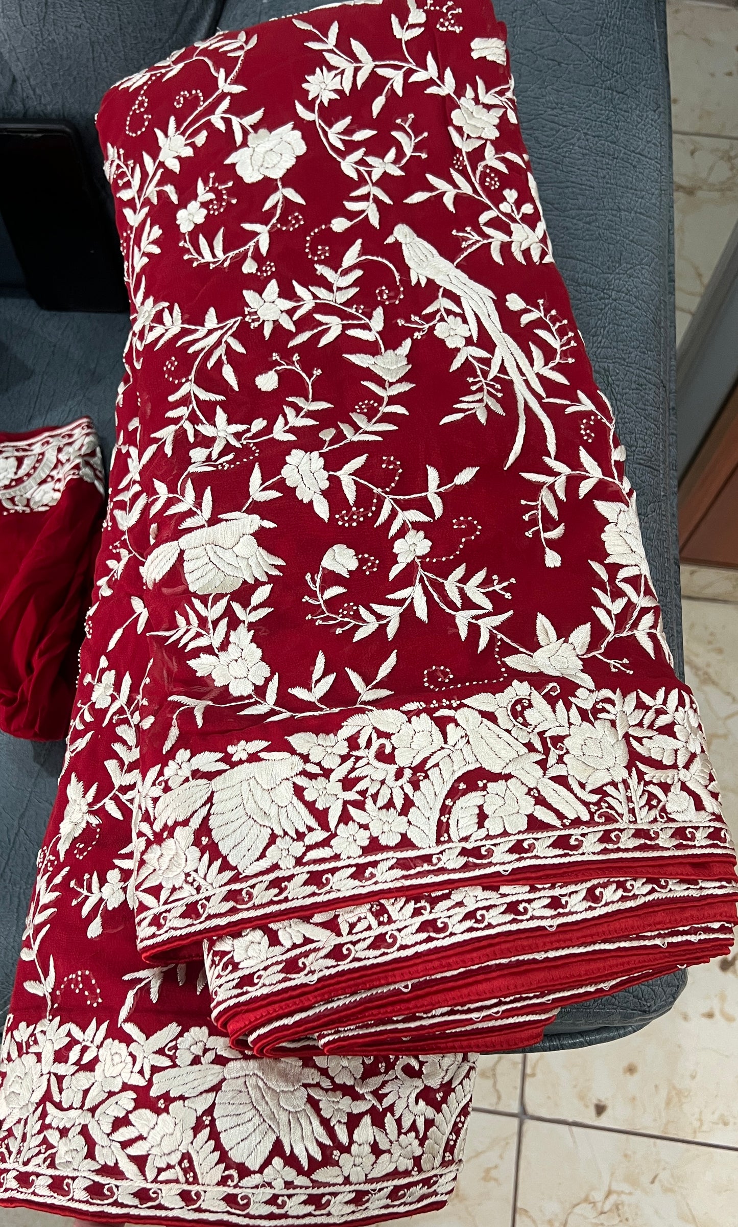 Deep Red Masterpiece Parsi Gara Hand Embroidered Saree