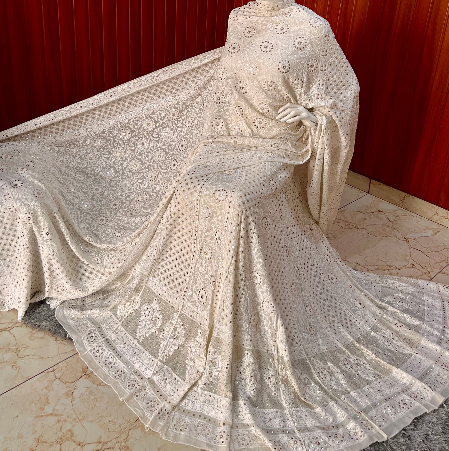 Off white Ruhani Chikankari and Mukaish Lehenga