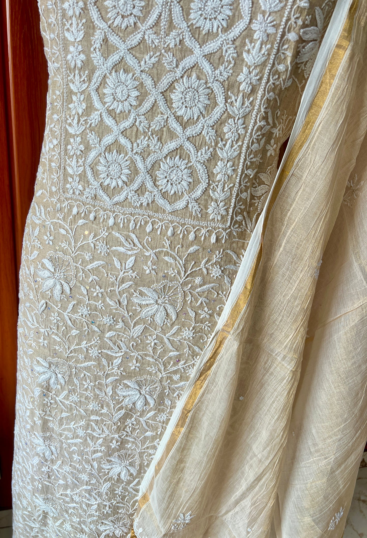 Pure Tissue Chikankari and pearl embroidered kurta and dupatta