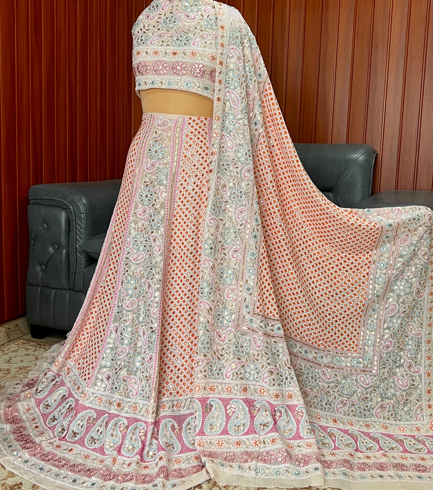 Ruhani Ivory Chikankari Mirror Gota and Multicolored Thread Work Wedding Lehenga