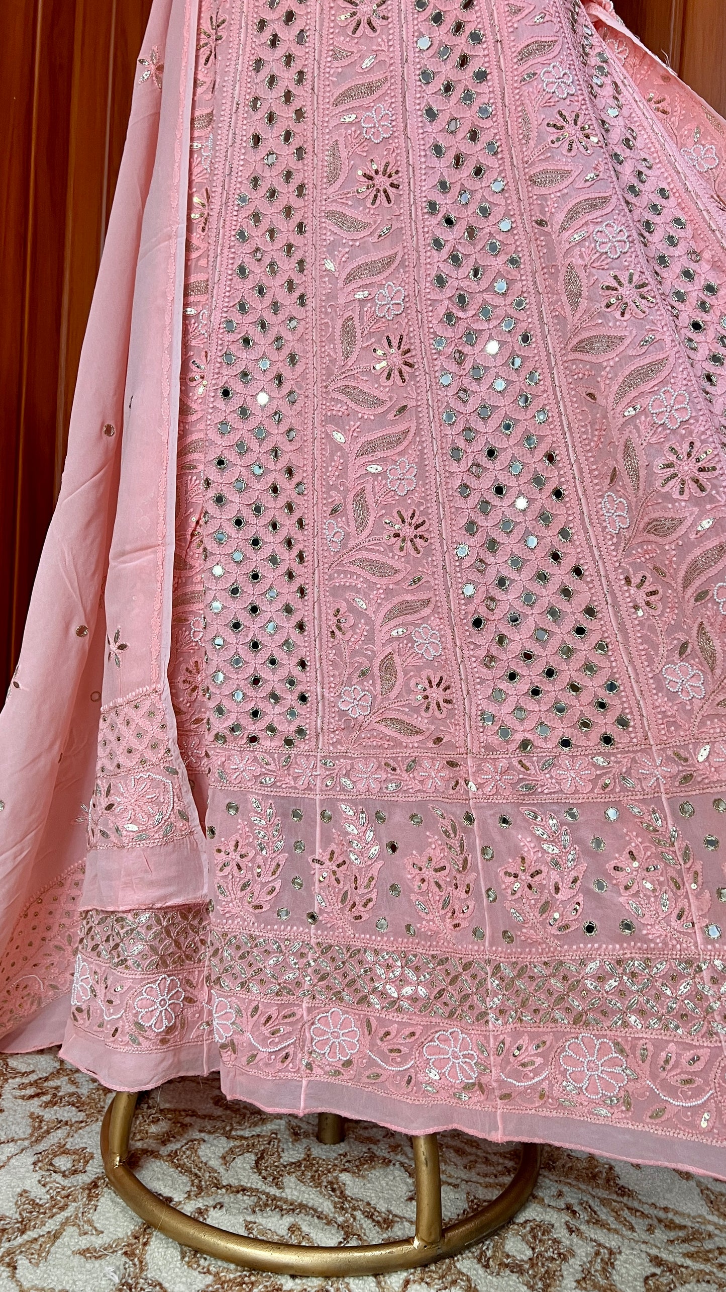 Coral Pink Chikankari Mirror Pearl Sequins Anarkali with Dupatta