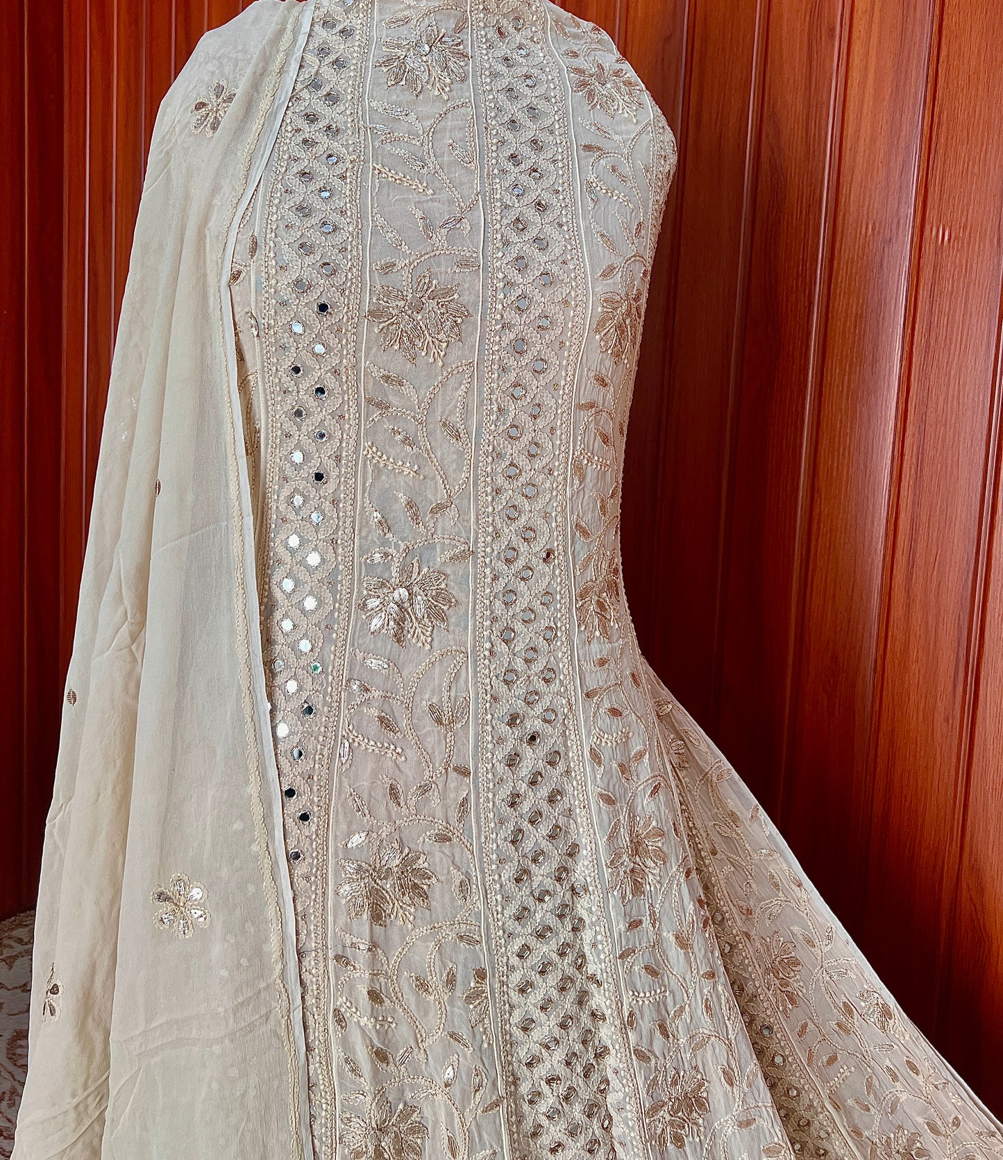 Champagne Chikankari Mirror Gota Patti Anarkali with Dupatta