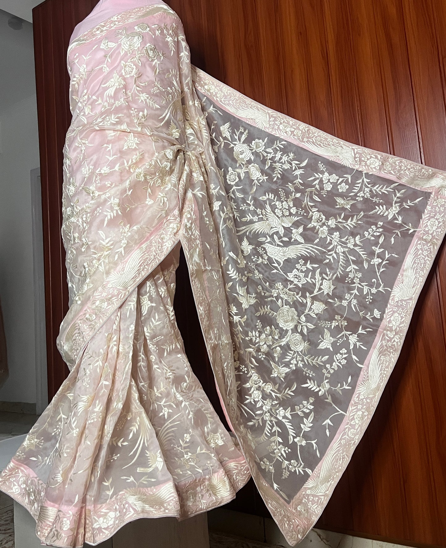 Light Pink Masterpiece Parsi Gara Hand Embroidered Pure Organza Saree