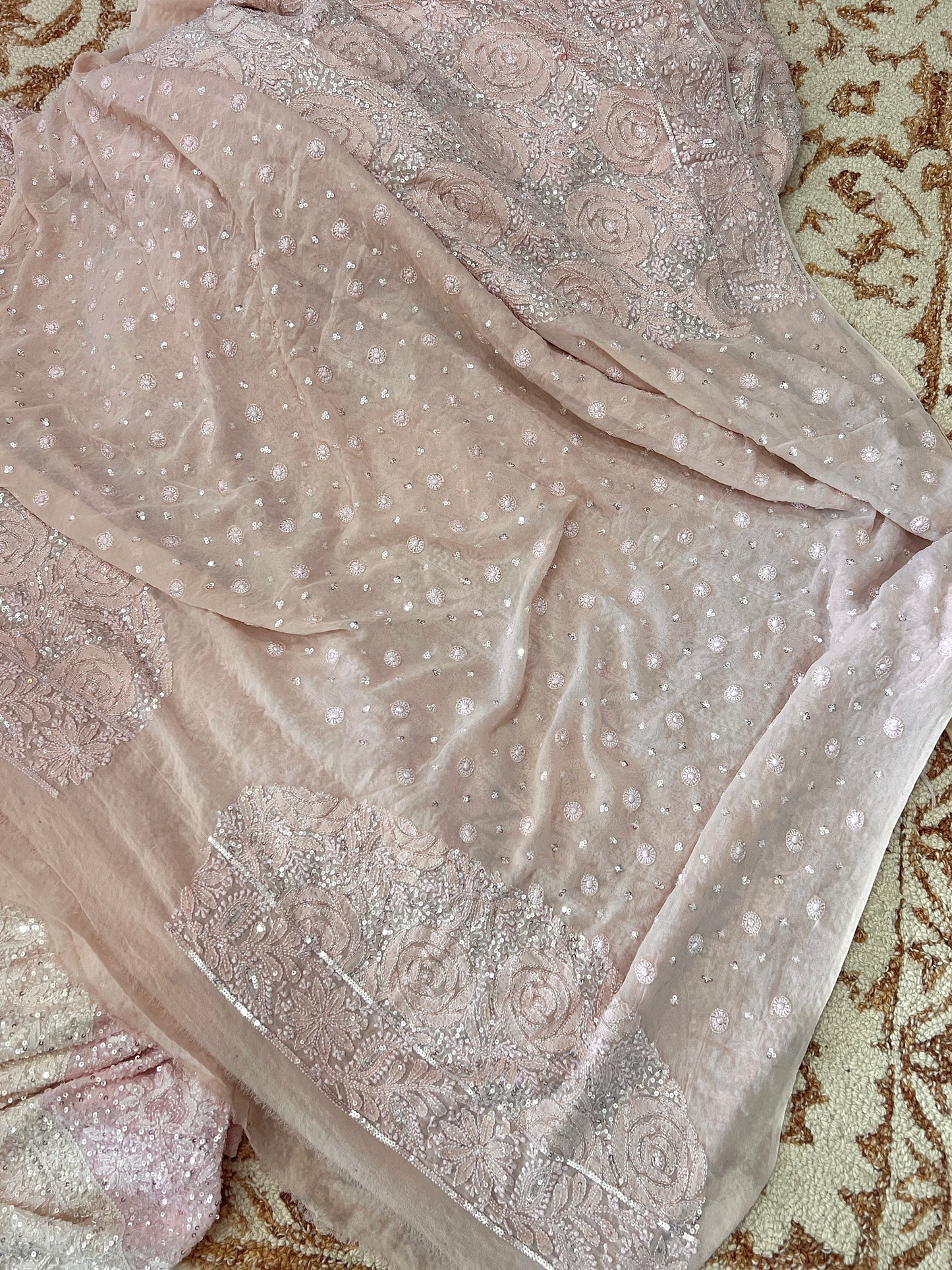 Gulaab Tea Rose Masterpiece Chikankari Sequins and Cut Dana Saree