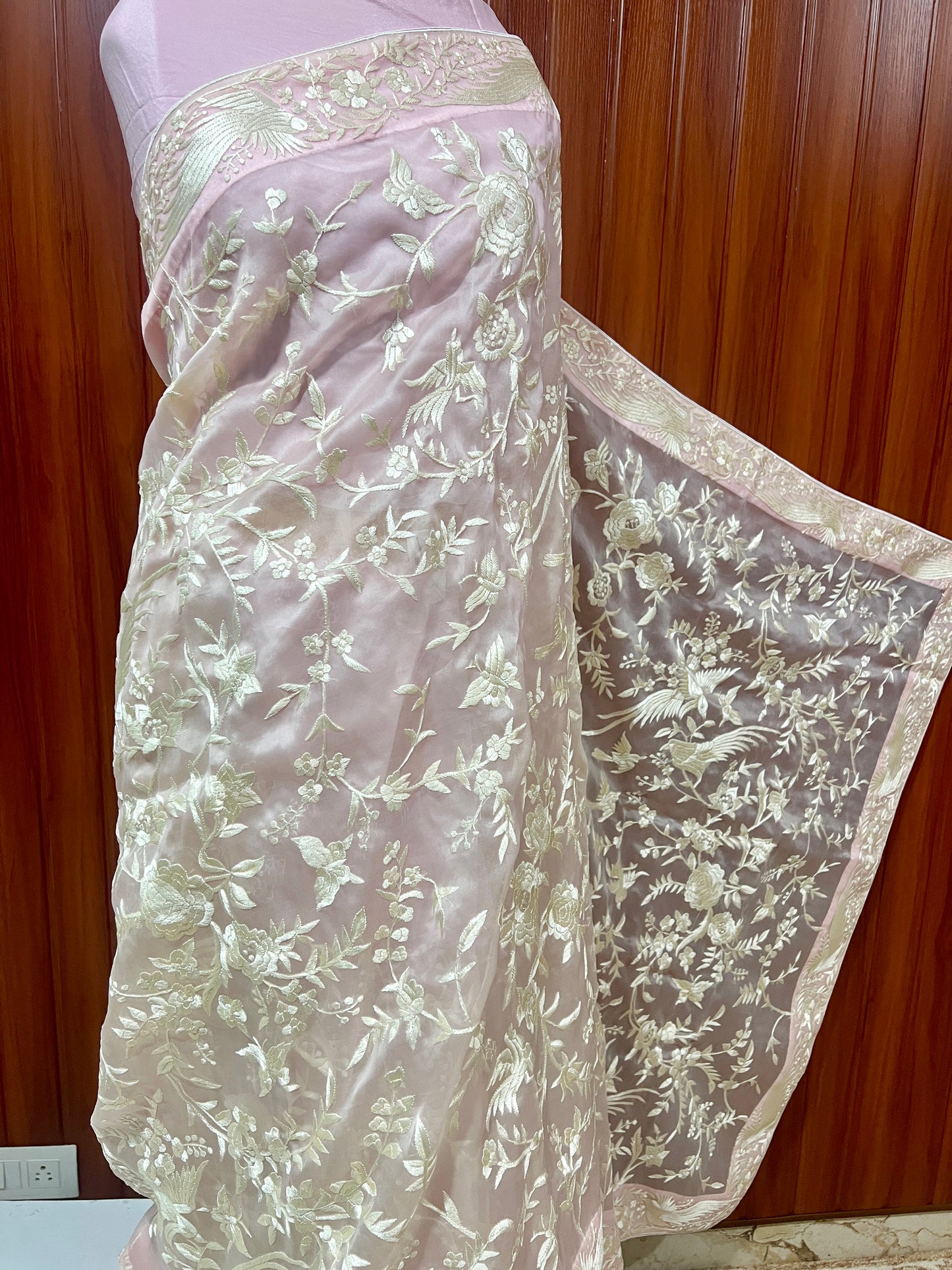 Light Pink Masterpiece Parsi Gara Hand Embroidered Pure Organza Saree