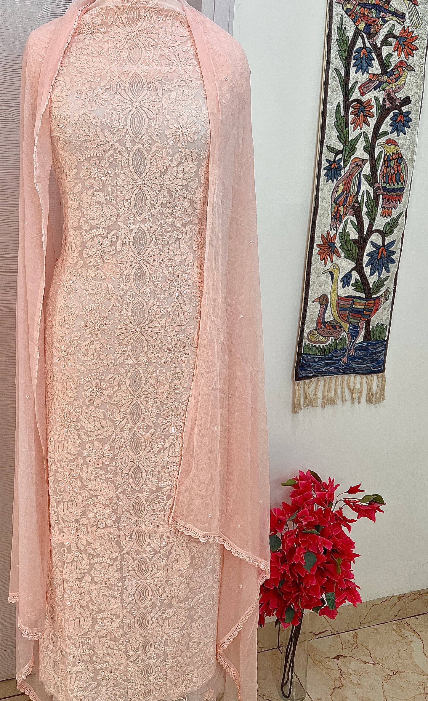 Pretty Peach Chikankari Sequins and Cut Dana Kurta and Dupatta