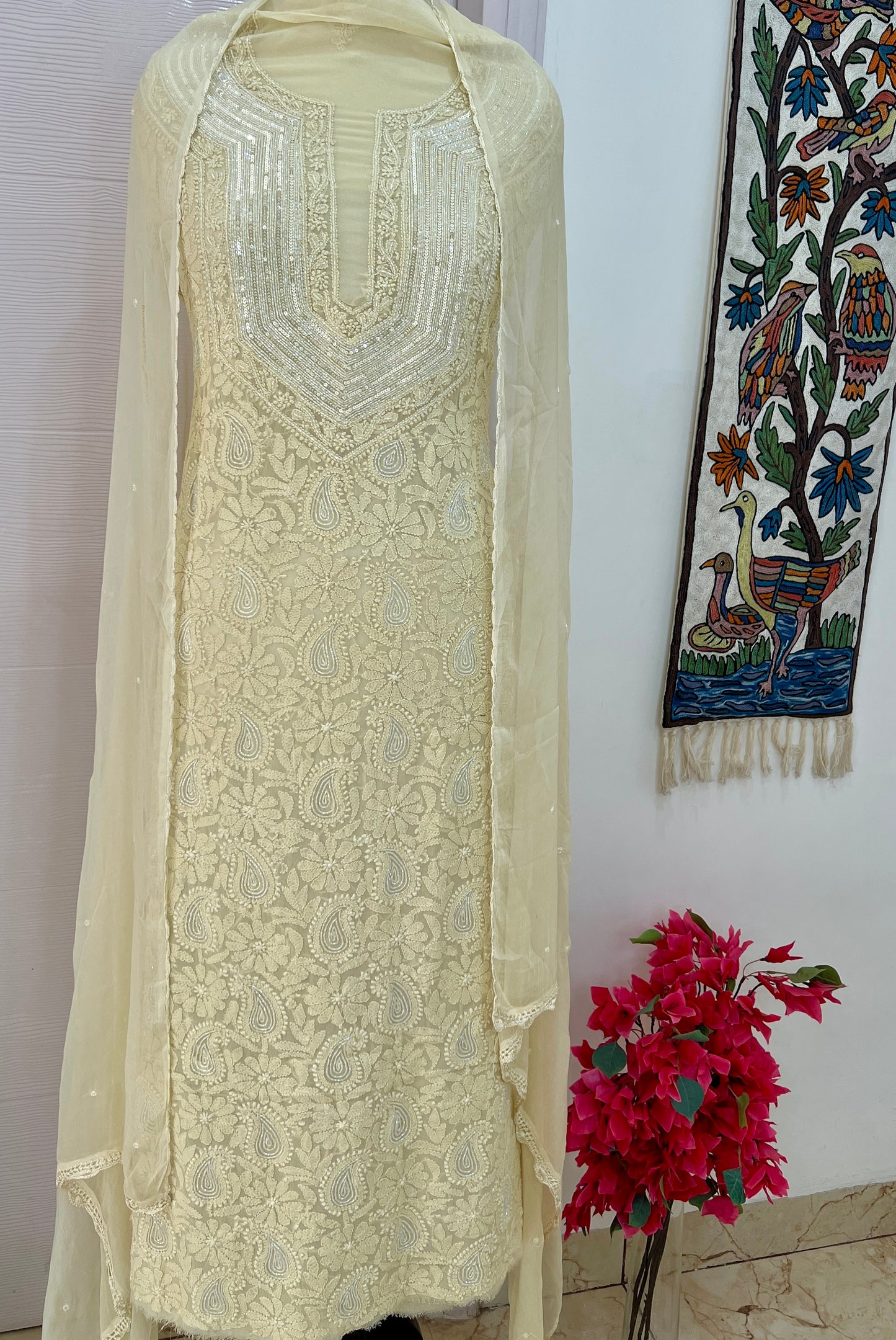 Lime green Chikankari Sequins and Cut Dana Kurta and Dupatta