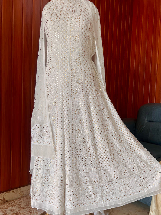 White allover Chikankari and mukaish anarkali with dupatta