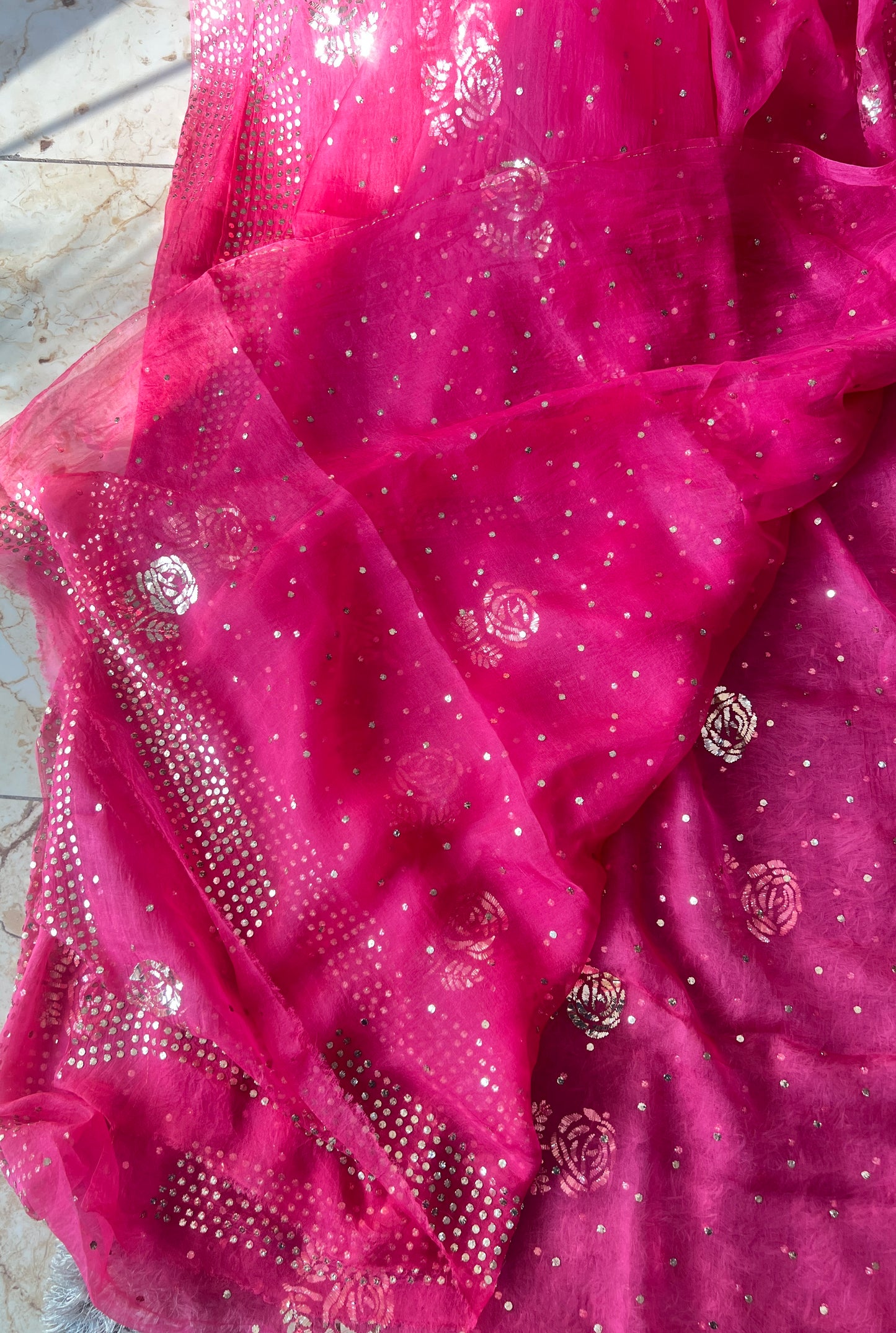 Hot Pink Pure Organza Saree with Badla and Mukaish Work