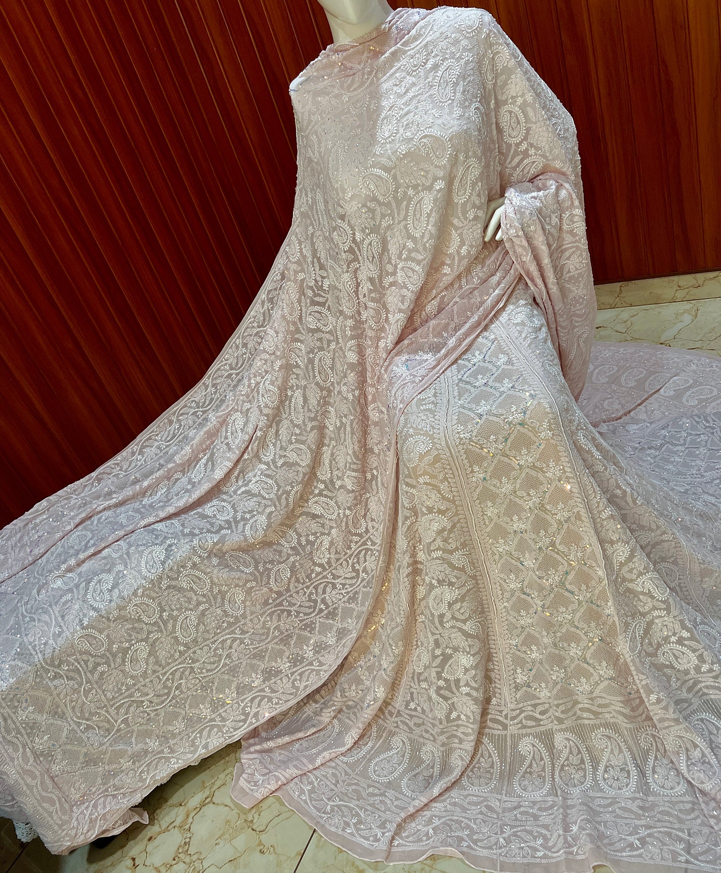 Ruhani Powder Pink Chikankari Jaali Pearl Cut Dana Sequins Wedding Lehenga