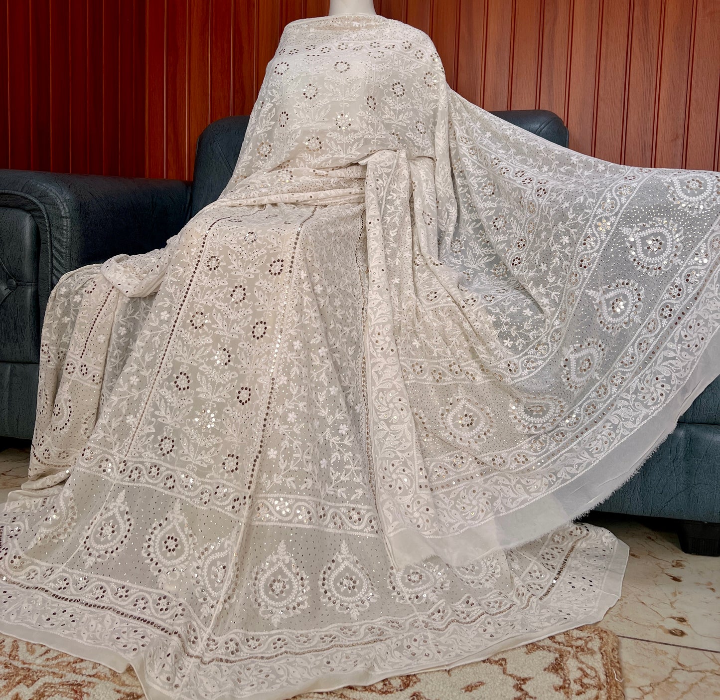 Ruhani fine Chikankari and intricate Mukaish Lehenga Set