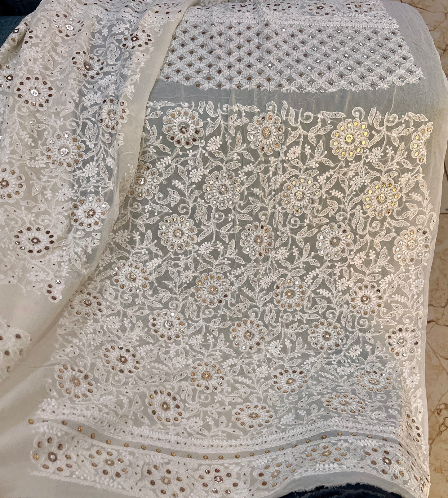 Off white Ruhani Chikankari and Mukaish Lehenga