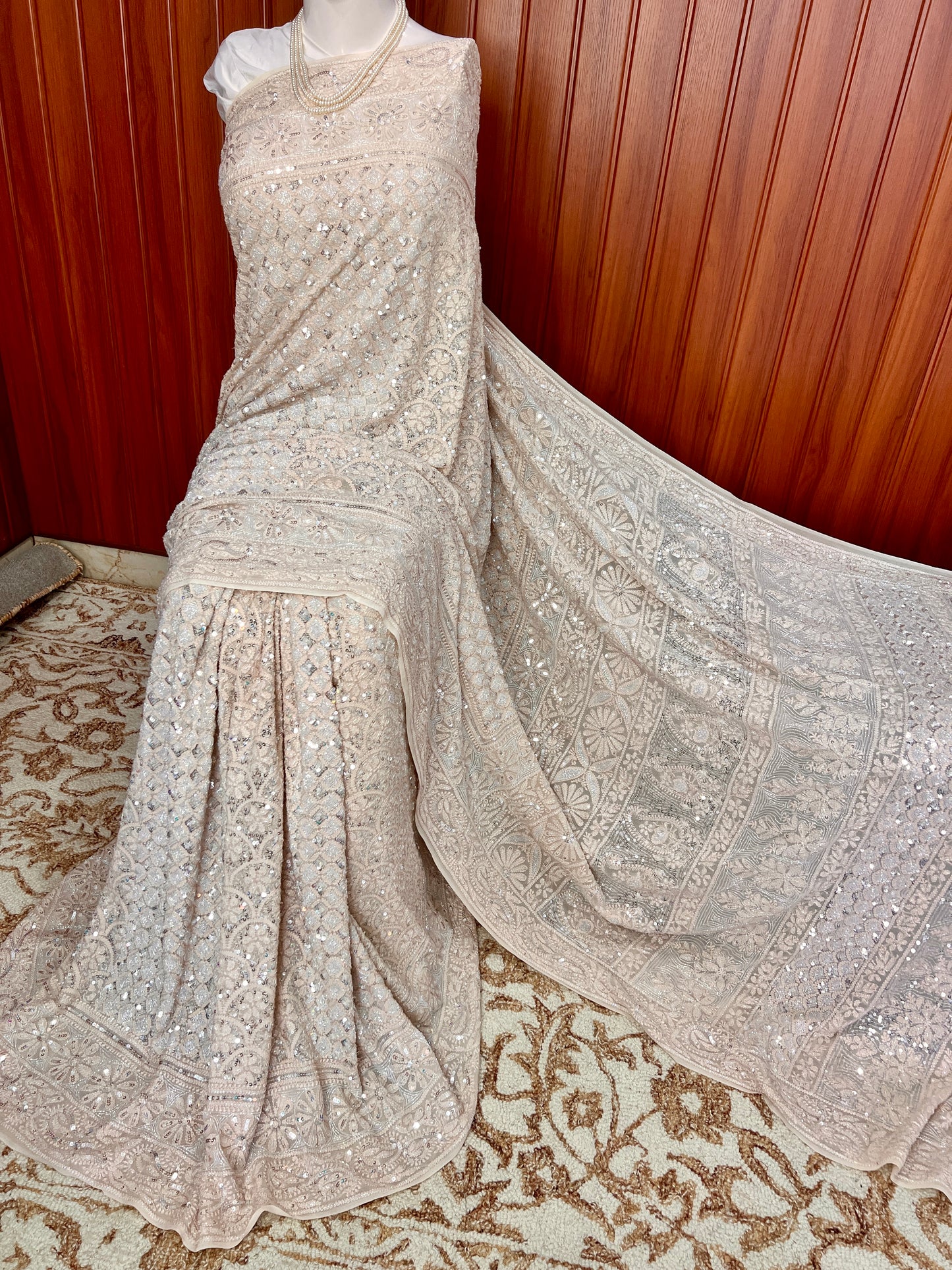 Ruhani Champagne Masterpiece Chikankari Cut Dana and Heavy Sequins Saree