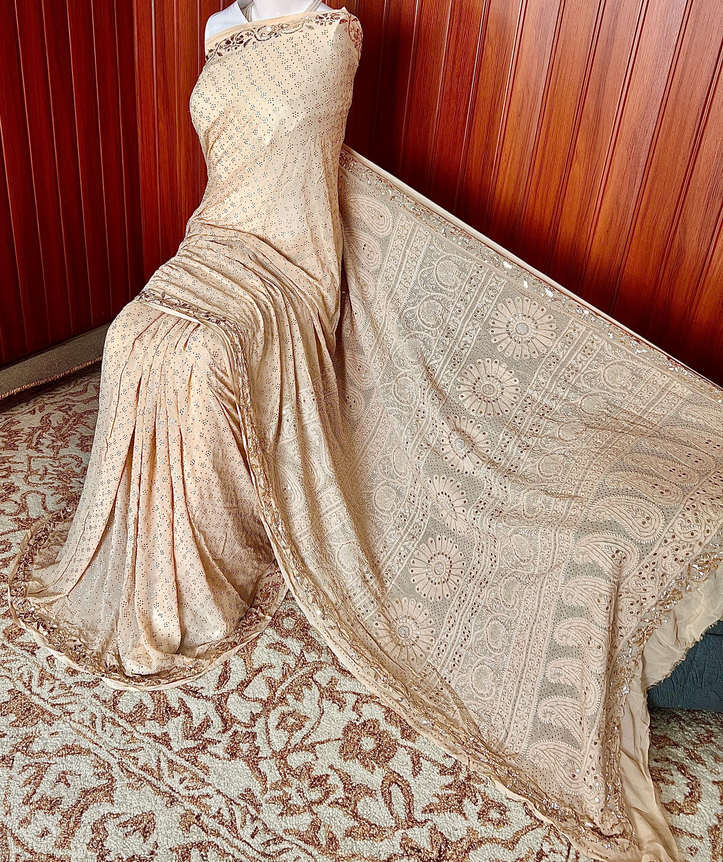 Ruhani Golden Beige Badla Mukaish and chikankari Pure Georgette Saree