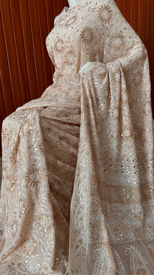 Ruhani Champagne Chikankari Saree with Gota Patti Sequins Pearl and Aari Embroidery