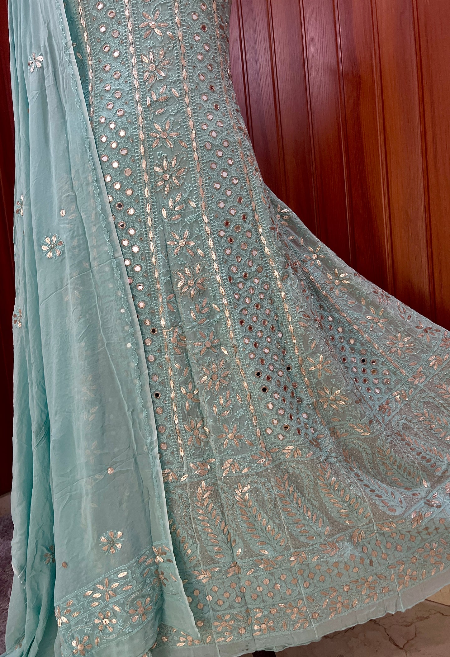 Cyan blue Chikankari Mirror Gota Patti Anarkali with Dupatta