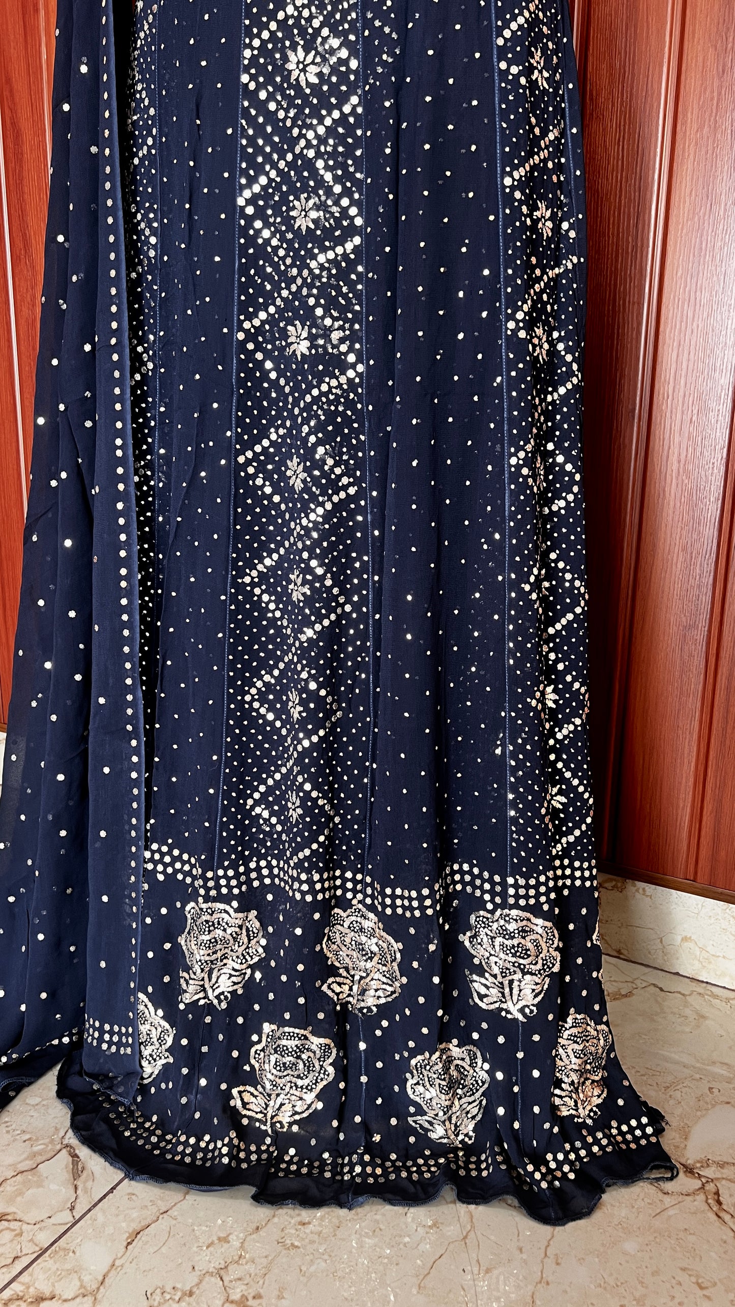 Midnight Blue Allover Badla and Mukaish Anarkali with Dupatta