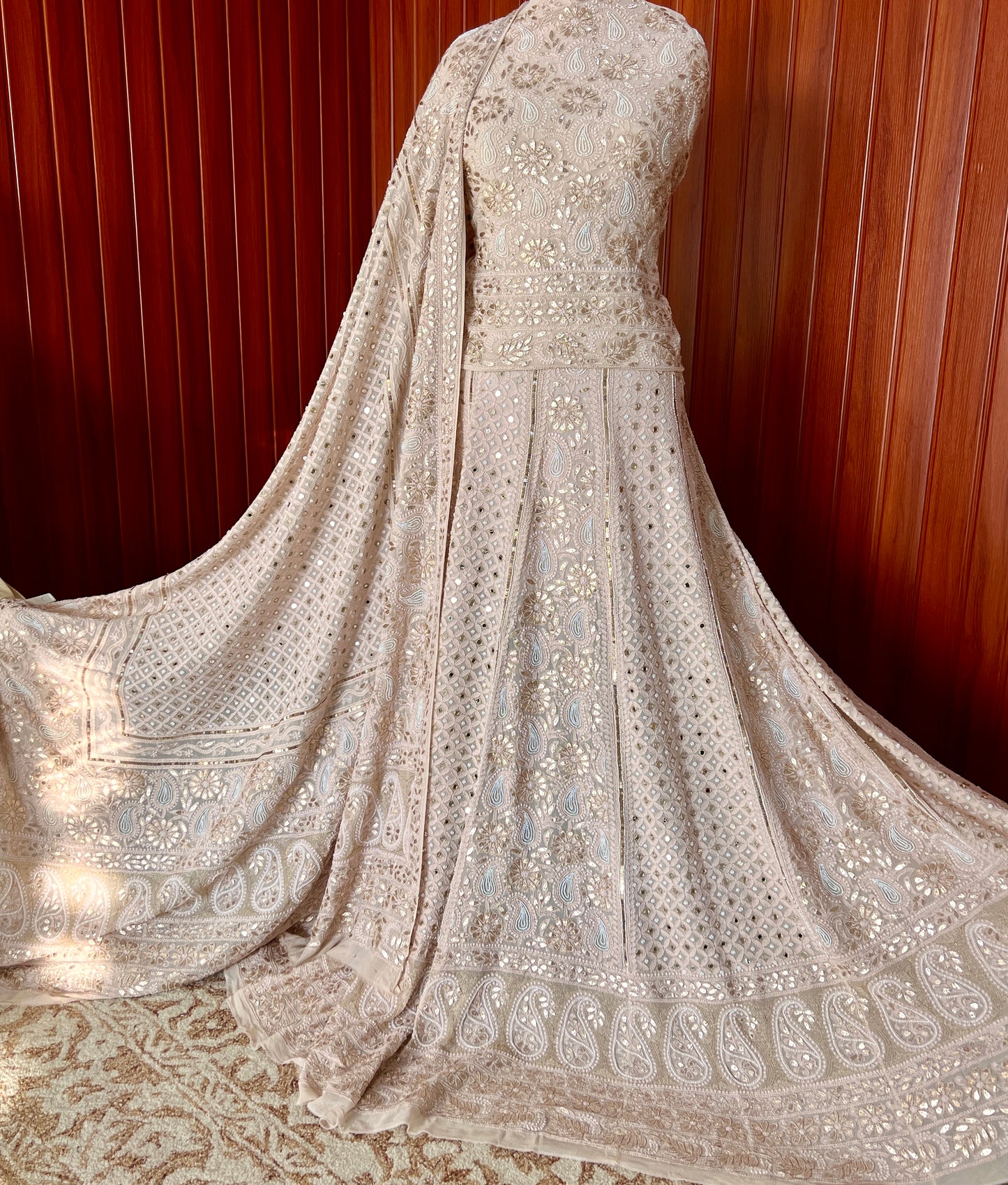 Nude Ruhani chikankari mirror pearl and sequins wedding lehenga