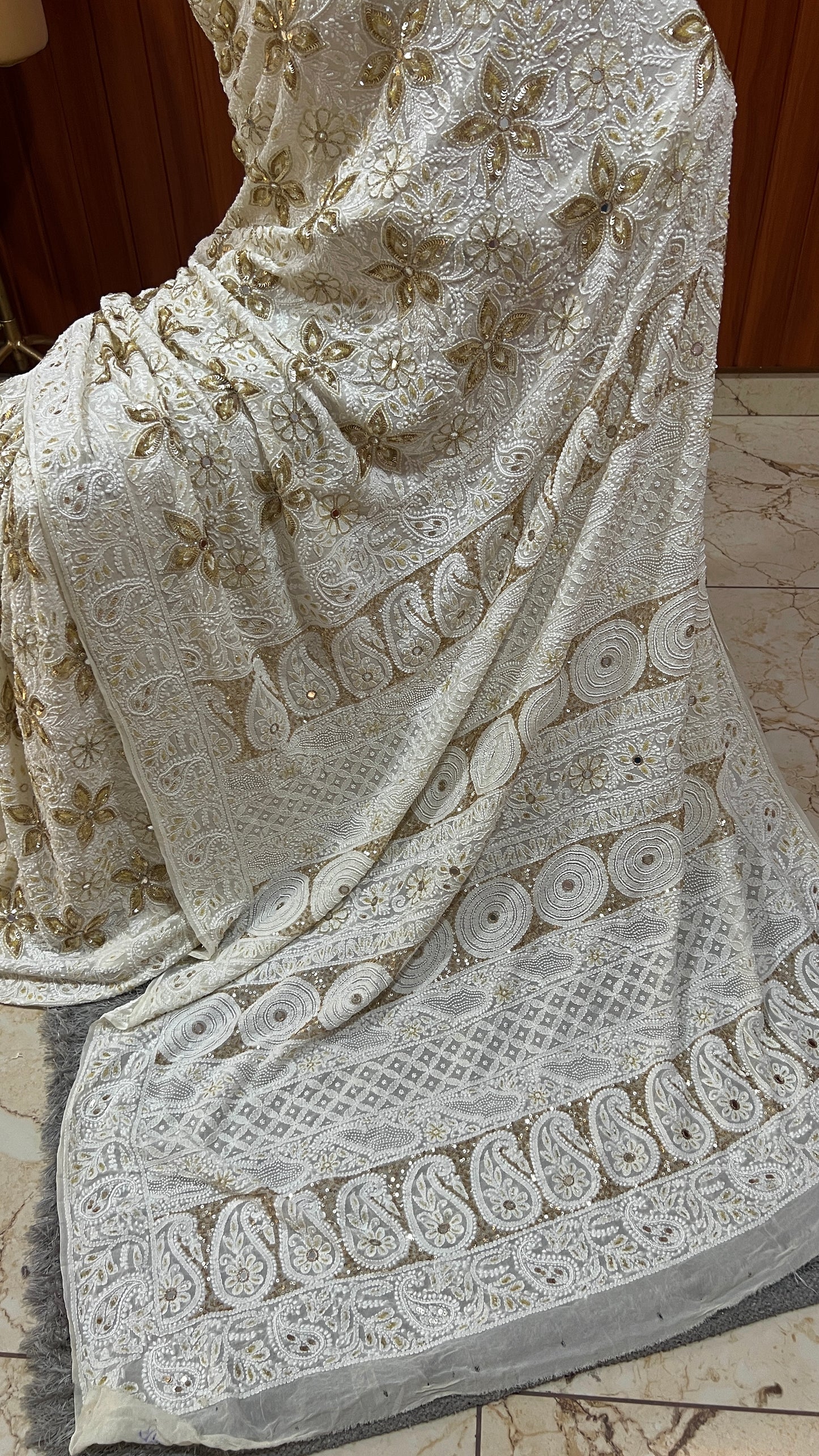 Ruhani Off White Chikankari Sequins Cut Dana and Pearl Embroidered Masterpiece Saree