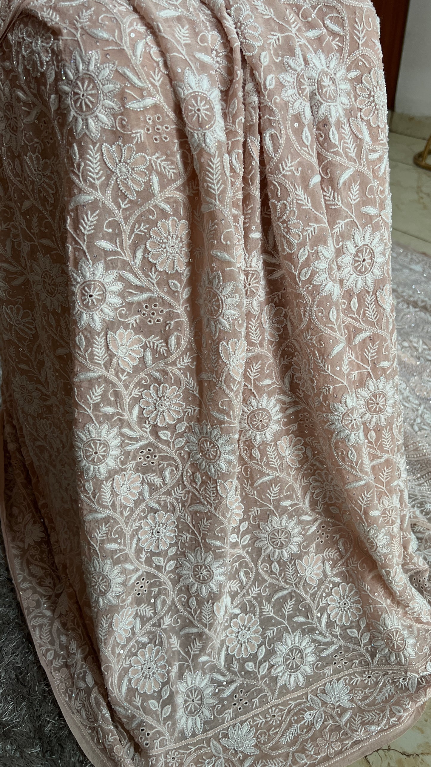 Ruhani Old Rose Pink 2 and 3 taar Chikankari Masterpiece Saree